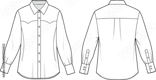 Fashion technical sketch of long sleeve button down shirt, featuring western yoke, pointed collar, buttoned cuffs, and curved hem, cad drawing flat vector illustration