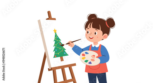 Talented young girl in an apron happily painting a decorated Christmas tree on a canvas using a palette and brush in a bright studio setting.