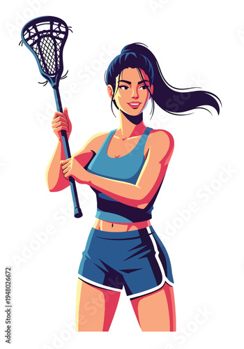 Athletic female lacrosse player holding stick in strong pose, modern flat vector sports illustration perfect for team branding, youth league promotion and tournament campaigns