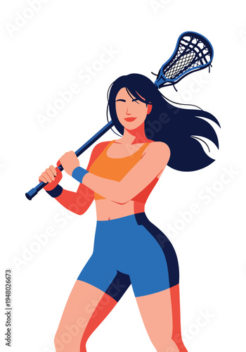 Athletic female lacrosse player holding stick in strong pose, modern flat vector sports illustration perfect for team branding, youth league promotion and tournament campaigns