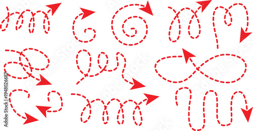 Red dashed line arrows in different directions on white background