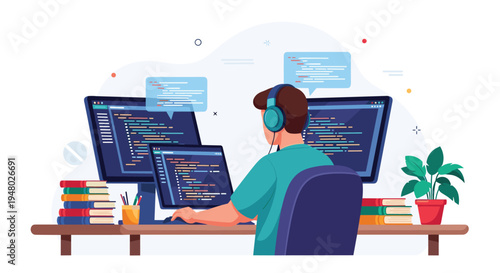 Software developer wearing headphones while coding on multiple monitors surrounded by books and office plants in a modern home office workspace.