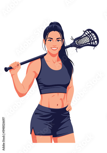 Athletic female lacrosse player holding stick in strong pose, modern flat vector sports illustration perfect for team branding, youth league promotion and tournament campaigns