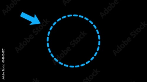 Animated highlight arrow pointing to dash blue circle rotate on transparent background. Animation 4k video