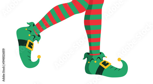 Close up illustration of an elf's legs wearing red and green striped stockings and green pointed shoes with yellow buckles and golden bells.
