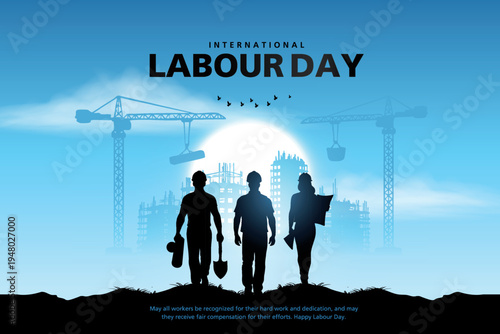 happy Labour day or international workers day vector illustration, site engineer, labour with safety cap going to construction site. labor day and may day celebration design.