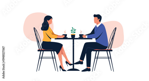 Romantic couple sitting at a small cafe table while enjoying a warm cup of coffee and a quiet conversation in a cozy and comfortable setting.