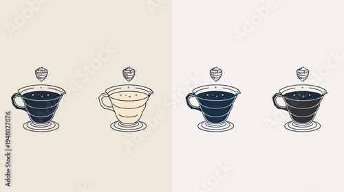 Four stylized cups of coffee with cream, a simple illustration with texture effect