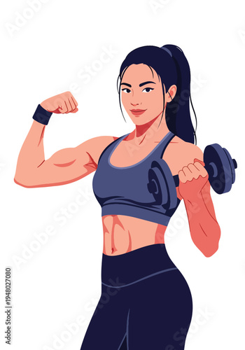 Athletic woman lifting dumbbell in confident pose, modern flat vector fitness portrait perfect for gym marketing, strength training promotion and healthy lifestyle branding