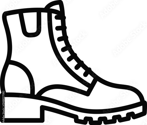 A detailed outline illustration of a sturdy leather combat boot with thick treaded rubber soles