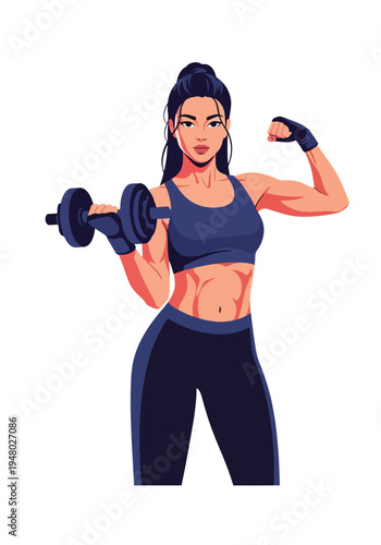 Athletic woman lifting dumbbell in confident pose, modern flat vector fitness portrait perfect for gym marketing, strength training promotion and healthy lifestyle branding