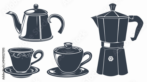 Teapots and Cups Outlined monochrome illustration of kitchen drinkware on white