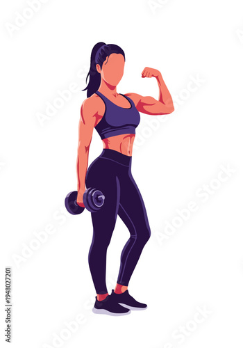 Athletic woman lifting dumbbell in confident pose, modern flat vector fitness portrait perfect for gym marketing, strength training promotion and healthy lifestyle branding