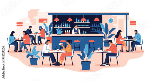 Crowded modern cafe interior featuring diverse people working on laptops, chatting, and enjoying drinks while a barista works behind the bar.