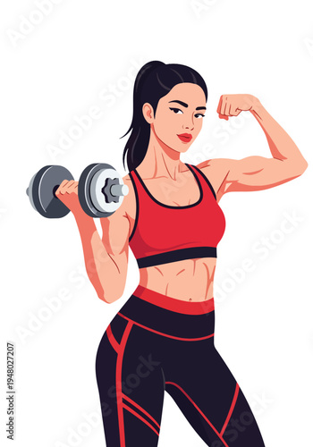 Athletic woman lifting dumbbell in confident pose, modern flat vector fitness portrait perfect for gym marketing, strength training promotion and healthy lifestyle branding