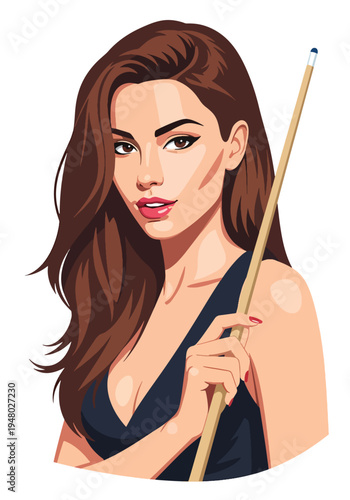 Stylish female billiards player holding cue stick in confident pose, clean flat vector illustration ideal for pool hall promotion, recreation branding and entertainment marketing