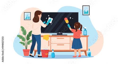 Mother and young daughter working together to clean a television screen and a wooden cabinet using dusters and spray bottles in their living room.