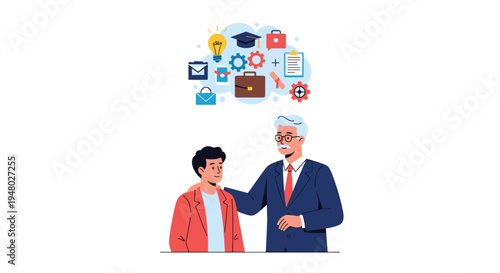 Mature mentor placing his hand on a young man's shoulder with a cloud of educational and professional icons above them representing guidance.