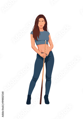 Stylish female billiards player holding cue stick in confident pose, clean flat vector illustration ideal for pool hall promotion, recreation branding and entertainment marketing