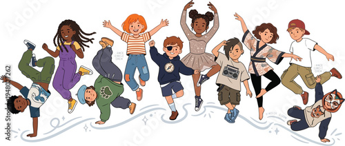 A diverse group of joyful children happily dancing and playing together in energetic poses
