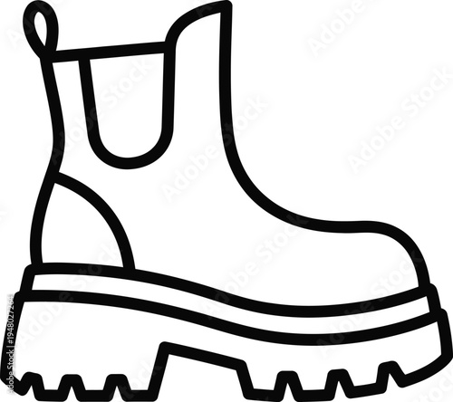 A simple black and white line art illustration of a rugged chelsea boot with a thick chunky sole