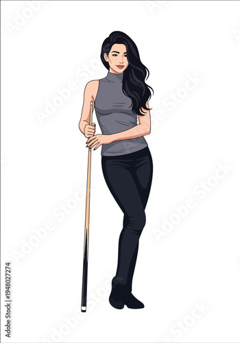 Stylish female billiards player holding cue stick in confident pose, clean flat vector illustration ideal for pool hall promotion, recreation branding and entertainment marketing