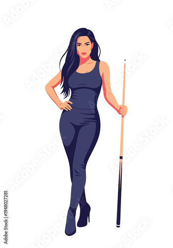 Stylish female billiards player holding cue stick in confident pose, clean flat vector illustration ideal for pool hall promotion, recreation branding and entertainment marketing