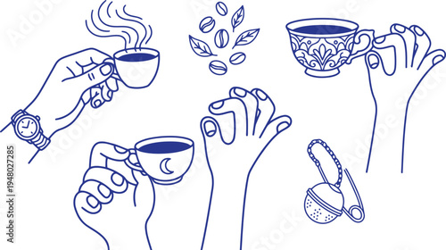 Diverse hand gestures illustrating a love for coffee with steaming cups and aromatic beans