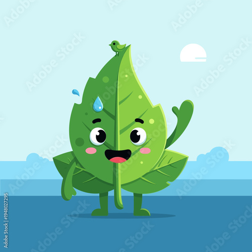 Cartoon Leaf Character with Happy Expression.