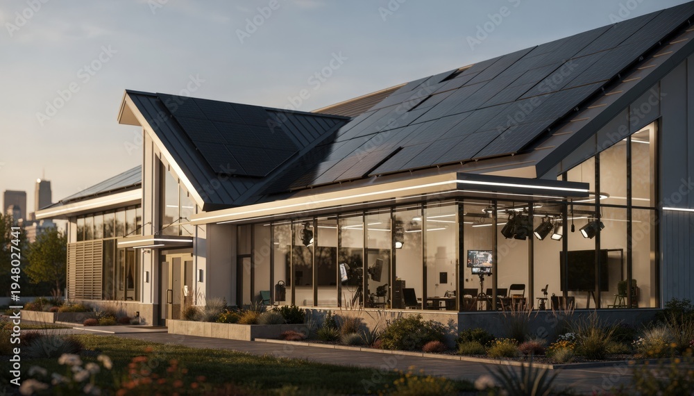 Obraz premium Medium shot of a newly built green broadcast complex highlighting sleek solar panels and vibrant LED fixtures with interior details gently out of focus.