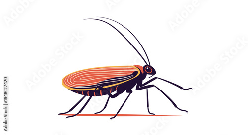 Stylized illustration of a large insect or cockroach with long antennae and a reddish back standing on a surface against a white background.