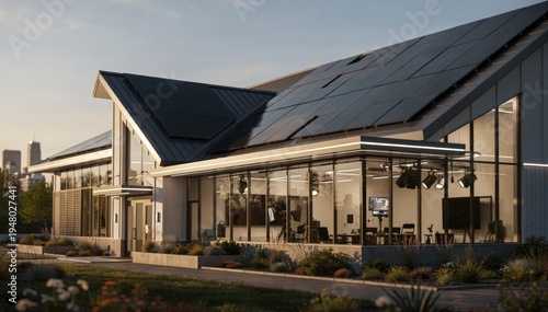 Wallpaper Mural Medium shot of a newly built green broadcast complex highlighting sleek solar panels and vibrant LED fixtures with interior details gently out of focus. Torontodigital.ca