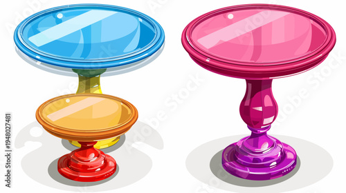 Cartoonish rendering of two colored glass tables on white, with shadows