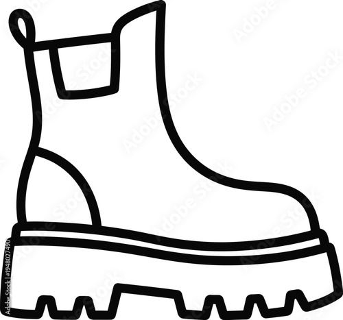 A simple black and white line art illustration of a stylish chunky chelsea boot with thick sole