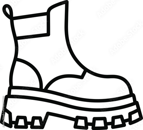 A simple black and white line art illustration of a rugged platform ankle boot for outdoor wear