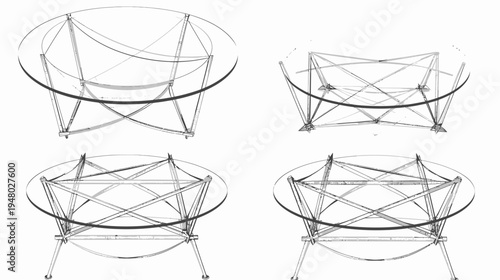 Four views of abstract glass-topped table supported by angular, geometric steel framework
