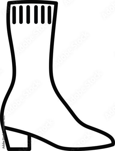 A simple outline illustration of a women's high fashion sock boot with a small block heel design