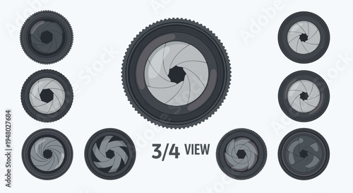 Collection of camera lens aperture diaphragms showing different f-stop settings for photography and light control.