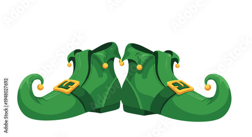 Pair of festive green elf shoes with curled toes, yellow buckles, and golden bells shown from the side against a white background for holidays.