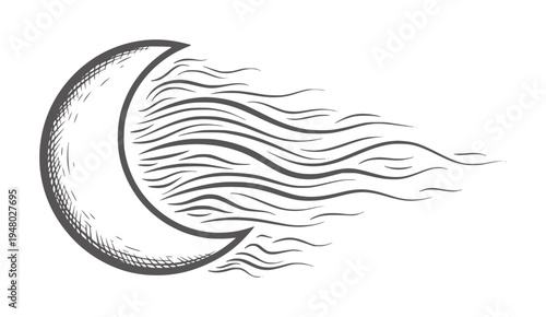 Crescent moon with flowing wavy lines in dark gray night