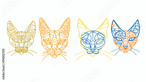 Four stylized cat portraits with geometric patterns in different color combinations against white background