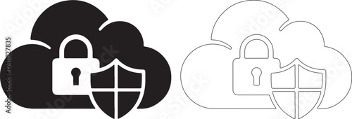 Cloud Security Vector Icons Set with Padlock and Shield, Solid and Outline Style isolated PNG with Transparent Background