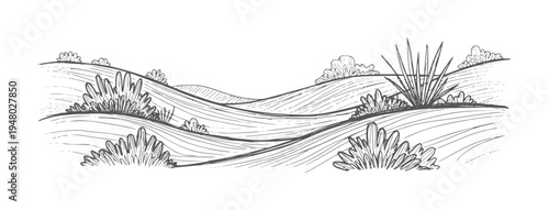 Hand drawn rolling hills with sparse vegetation and textured lines landscape grass