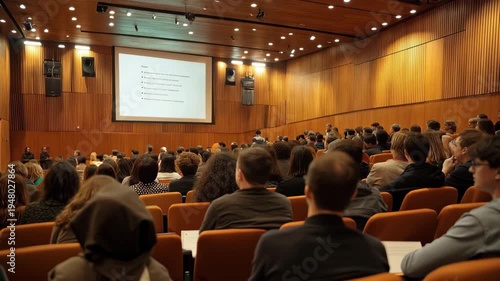 Business professionals engage in education development seminar in a large auditorium, sharing insights and networking opportunities