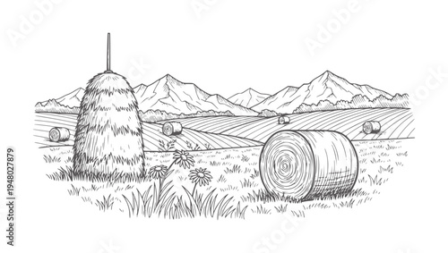 Rural landscape with haystacks and mountains in a style bale field