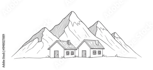 Two simple houses nestled at the base of snow-capped mountains home nature