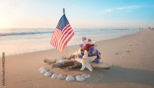 Memorial setup on a beach with american flag and flowers ai illustration 