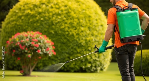 Gardener spraying pesticide on lawn and plants
