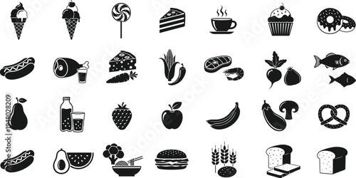 Food silhouette icons set fruits vegetables dessert meal collection illustration