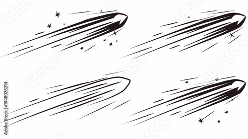 Four stylized comet illustrations with trailing lines and a few small stars in black on white